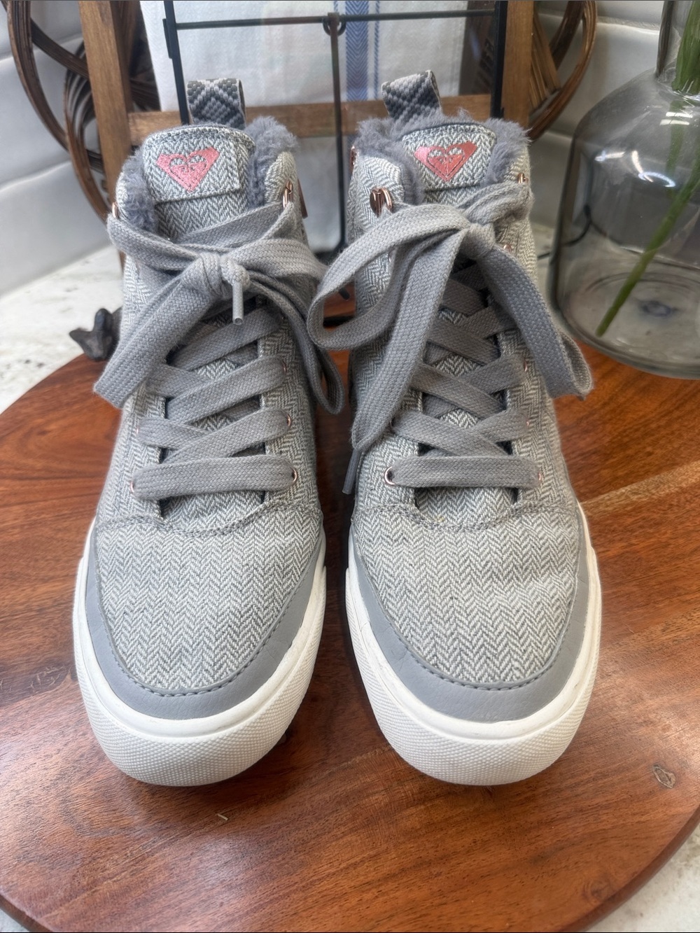 Roxy Gray Herringbone High-Top Sneakers with Pink Logo Accent